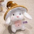 Coniglietto di peluche bianco con cappello a fungo marrone e ricamo rosa - Marrone / 45cm
