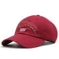 Détail de la broderie 3D New York sur le tissu en sergé de coton bordeaux de la casquette - Réglable / Rouge