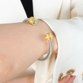 Two-tone twisted cable open cuff bracelet featuring sea blue gemstone and silver finish - Z059-Sea Blue Zirconia Single Layer