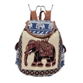 Ethnic blue canvas backpack with elephant embroidery and adjustable leather straps - Royal Blue Ethnic Elephant