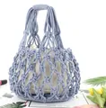 Handmade light blue macrame tote bag with white drawstring inner pouch for beach use - Light Blue