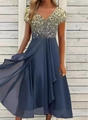 Detail of dark blue chiffon dress with gold and silver gradient sequins and elegant V-neckline - S / Tops / Gold Sequin Blue