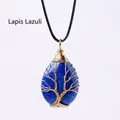 Handmade tree of life lapis lazuli wire wrapped pendant with black braided cord - Gold Wire Wrapped Lapis Lazuli Pendant