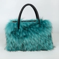 Teal faux fur large tote bag with black faux leather handles for women - Lake Blue