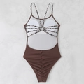 Detail van luipaardprint monokini met gekruiste rugbandjes en een metalen ring - S / Bruin