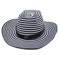 Detail of blue and white striped straw hat with leather band and gold bull head emblem - One Size Straw Hat (Horizontal Stripe) / Navy White with Windproof Rope (Black Small Bull)