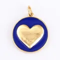 Dark blue enamel round charm with a golden heart center and gold-plated bail - Midnight Blue Round Gold Heart Style ((M81 Heart Midnight Blue))