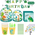 130-piece green dinosaur themed birthday party tableware set with plates and banner - Dinosaur Party Tableware Set