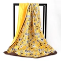 Ginger yellow floral satin square scarf with dark brown borders and elegant flower prints - Sunflower Yellow