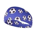 Navy blue elastic yoga headband featuring classic black and white soccer ball patterns - Soccer Deep Blue