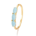Detail of gold-plated ring set with three oval blue cat-eye stones in vertical row - Triple Oval Stone