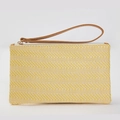 Detail of lemon yellow straw woven clutch bag with brown leather wrist strap and zip - Yellow Stripes