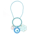 Porte-clés en perles bleues avec anneau turquoise, œil bleu et pendentif fleur sur fond blanc - Style Perles Bleues Mauvais Œil Fleur (BE1644BU01)
