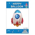 Space rocket foil balloon in white and blue with flame detail, size 74x60cm for party decor - Rocket / 74x60cm