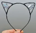 Gothic cat ear headband with clear crystal clusters on a sleek black metal frame - No.5 White Quartz