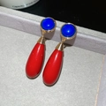 Chic retro waterdrop earrings with red resin pendants and blue round studs for women - 1# Silver Pin - Red - Water Drop (HE25633)