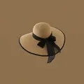 Sombrero de paja de ala ancha para mujer en marrón con lazo negro para el verano - Ajustable / Caqui-Borde Negro Lazo Grande