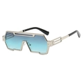 Futuristic silver metal wrap sunglasses with blue gradient lenses in a 45-degree angle view - Silver Frame Gray Blue Lens