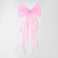 Pink sheer mesh hair clip featuring elegant large bow with delicate pearl embellishments - Pink Single Layer Slanted