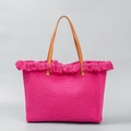 Pink woven canvas tote bag with brown leather handles and fringe tassels for vacation - Rose Red
