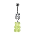 Silver steel navel piercing with white zircon and light green translucent bear pendant - Green