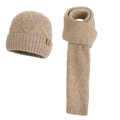 Winter camel knit hat and scarf set featuring thick diamond pattern and leather logo - 2-Piece Set (Hat+Scarf) / Mixed Khaki