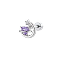 Clou d'oreille lune argentée et cœur en zircon violet avec fermoir à vis - Pièce Unique / Zircone Violette (A484-4)
