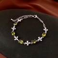 Silver horseshoe bracelet featuring emerald green oval stones and white floral zircon accents - 41# Bracelet-Silver & Green-Olive Green Floral Style