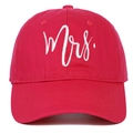 Close-up of high-quality white Mrs. embroidery on rose pink cotton baseball cap - MRS / Rose Red