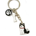 Silver husky dog keychain with paw and bone pendants made of polished zinc alloy - Black Husky