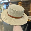 Beige flat top straw boater hat with brown leather strap and gold metal emblem - Beige Metal Buckle