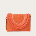 Bright orange woven straw clutch bag with layered tassels and brown leather hand strap - Orange