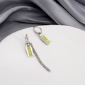 Asymmetric silver chain earrings with neon yellow accents and sparkling stones - Silver Asymmetric Neon Stripe