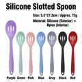 Multi-color silicone slotted spoons with nylon core in purple, green, pink, and grey - Large Account Missed Updates / Red