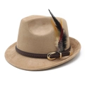Classic khaki suede fedora hat with woven leather band and colorful feather accent - M(56-59CM) / Camel