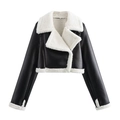 Women's black faux leather biker jacket with contrasting white shearling trim and collar - XS / Black