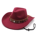 Vintage wine red wool felt cowboy hat with ethnic style band and windproof rope - M (56-58cm) / Burgundy