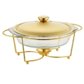 Runder hitzebeständiger Glas-Buffetwärmer mit goldfarbenem Deckel und Metallständer - 2.0L Rund Linien Gold