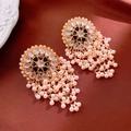 Golden flower earrings with black heart stones and cascading white pearl tassels - Gold Vintage Flower Pearl Tassel (22#)