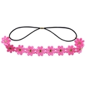 Detail of pink embroidered daisy hairband with golden center on black elastic strap - Peach