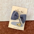 Blue knitted bow hair clip set with grey bird embroidery and checkered patterns - Bow + Little Duck