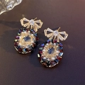 Vintage bow earrings with crystal pendant and colorful rhinestones on a gold setting - Colorful Crystal Oval (11# Silver Needle)