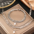 Three-layer silver chain necklace featuring white pearl pendants and paperclip links - Silver Layered Necklace Bracelet (C5546)