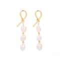 Baroque pearl drop earrings with elegant gold-tone metal knots and vertical triple pearls - Bow Knot 3-Pearl Style