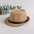 Cappello fedora classico in paglia kaki con cinturino in pelle nera e fibbia - Stile Bambini (52-54cm) / Kaki