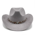 Close-up of gray felt fedora hat featuring a woven band with a blue evil eye charm detail - M (56-59cm) / Light Grey Suede