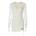Detail of deep V-neck and intricate lace texture on this cream long-sleeved mini dress - S / Apricot
