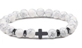 Detail of white marble beads with a black metal cross on a high-quality mens bracelet - White Howlite Bracelet