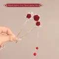 Épingle à cheveux en U avec rose bordeaux, perles et longs glands dorés - Épingle à Cheveux Rose Rouge Perle Artificielle Feuille et Frange (41#)
