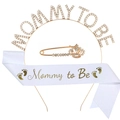 Three-piece Mommy to Be set with gold rhinestone headband and white printed satin sash - One Size / Gold Mommy To Be 3-Piece Set